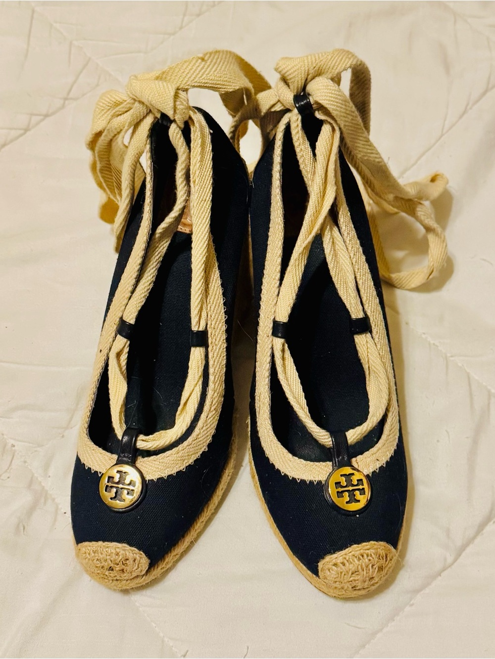 Tory Burch Wedge Espadrille Navy Blue Ankle Tie